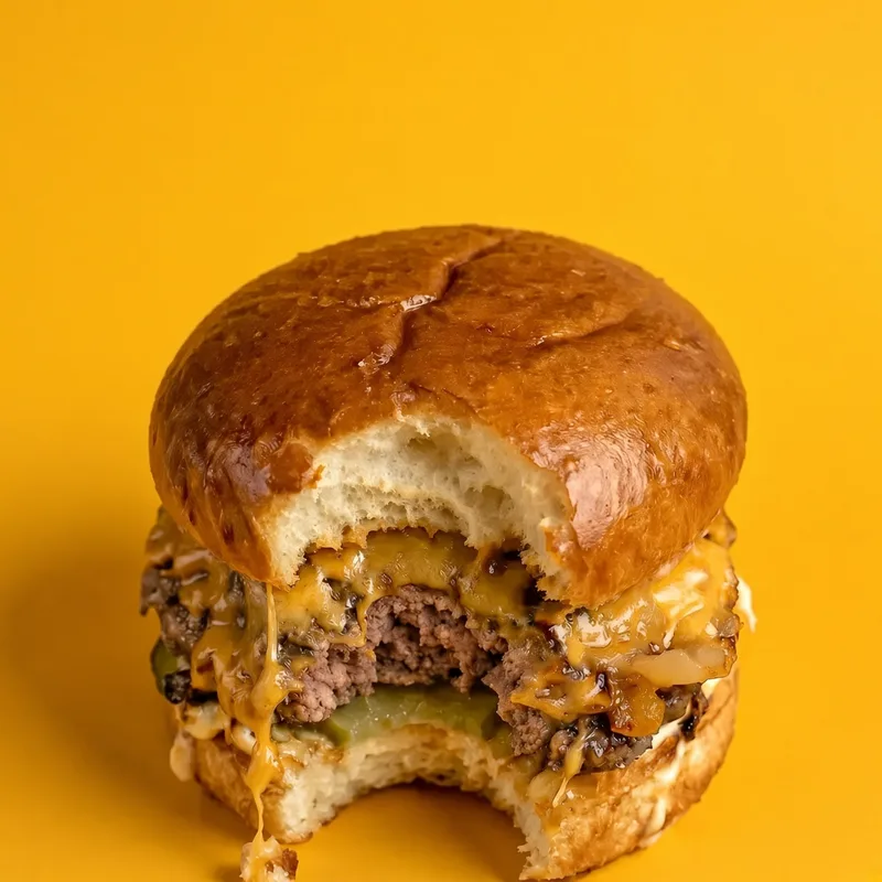 Bee Burger, bitten real burger on brand yellow