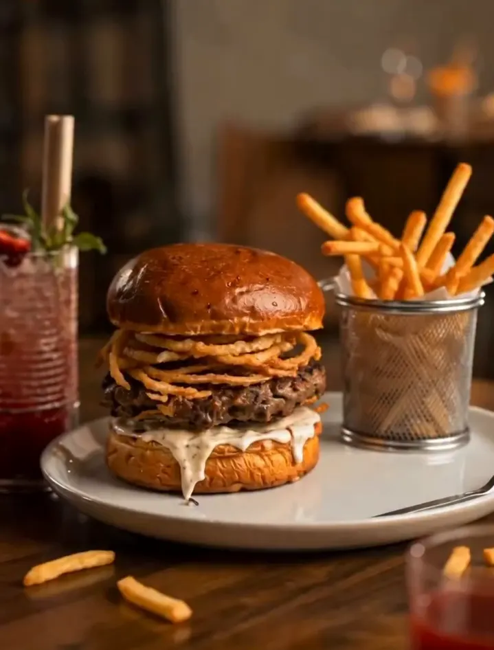 Onion-ring burger with fries and a pink cocktail
